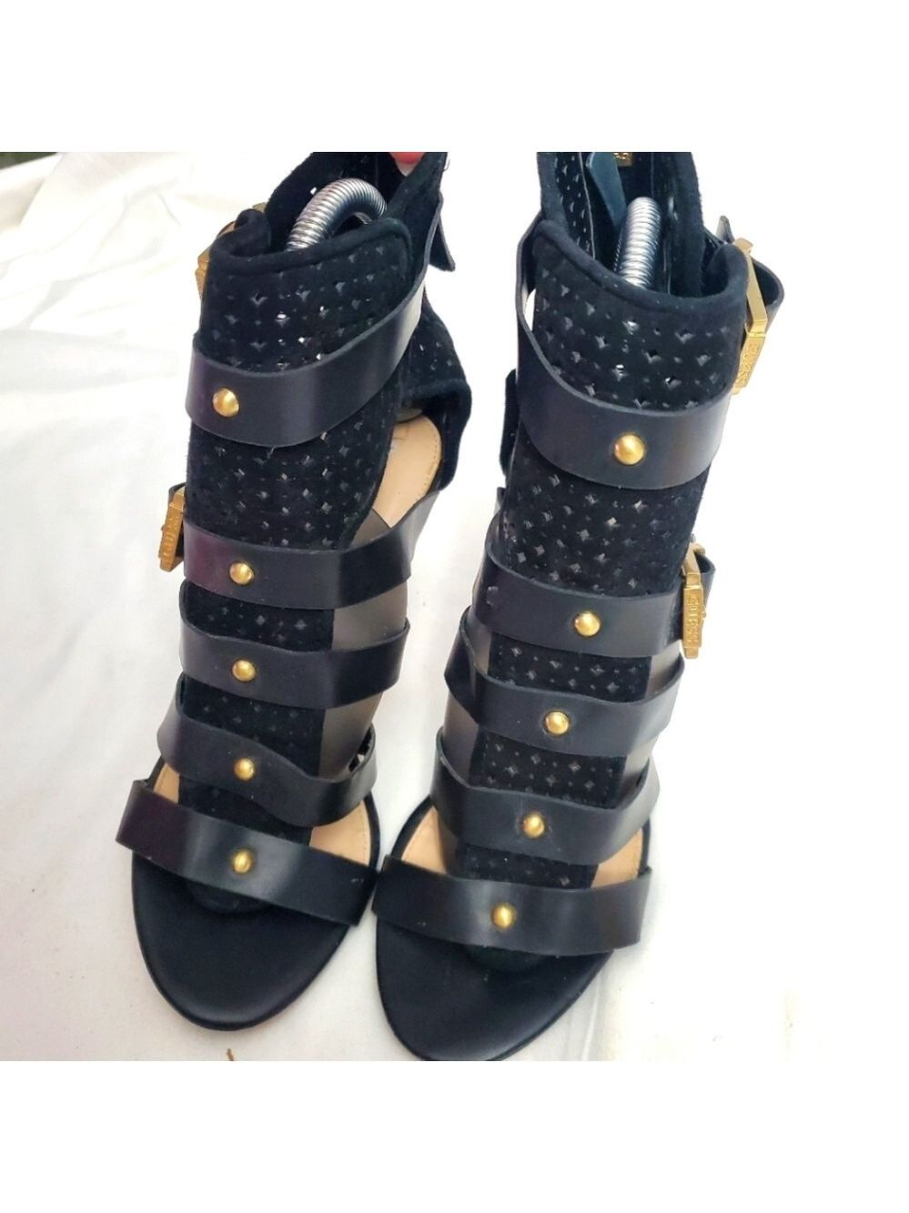 Guess Studded Strappy Heels Black GOLD Hardware Size 7